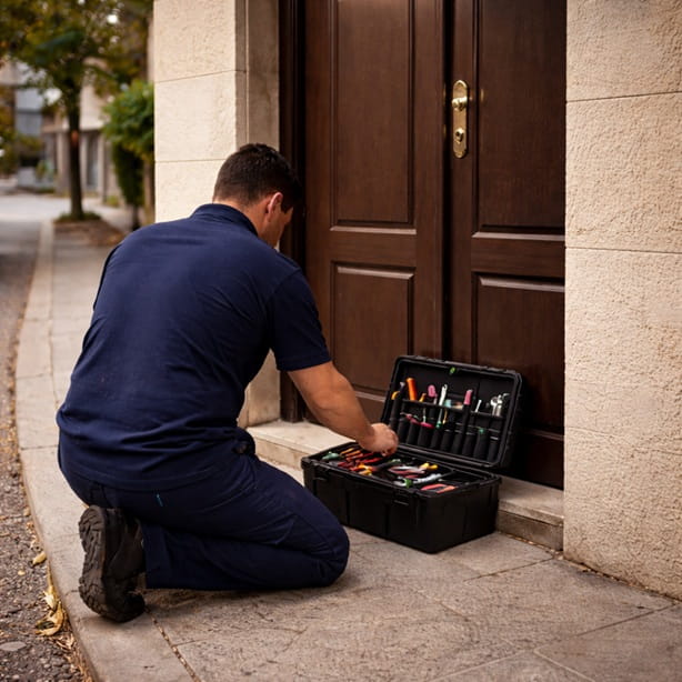Técnico de cerrajería preparando herramienta ante portal cerrado en Zaragoza